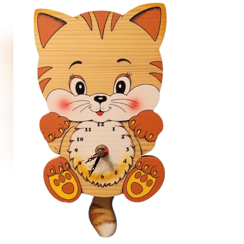 Vintage Bartolucci Orange and White Cartoon Cat Wall Clock With Swinging Tail